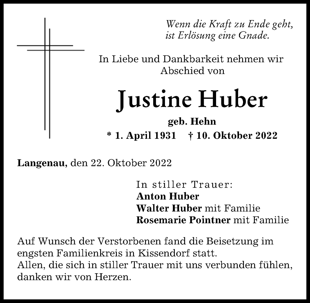 Traueranzeigen Von Justine Huber Augsburger Allgemeine Zeitung