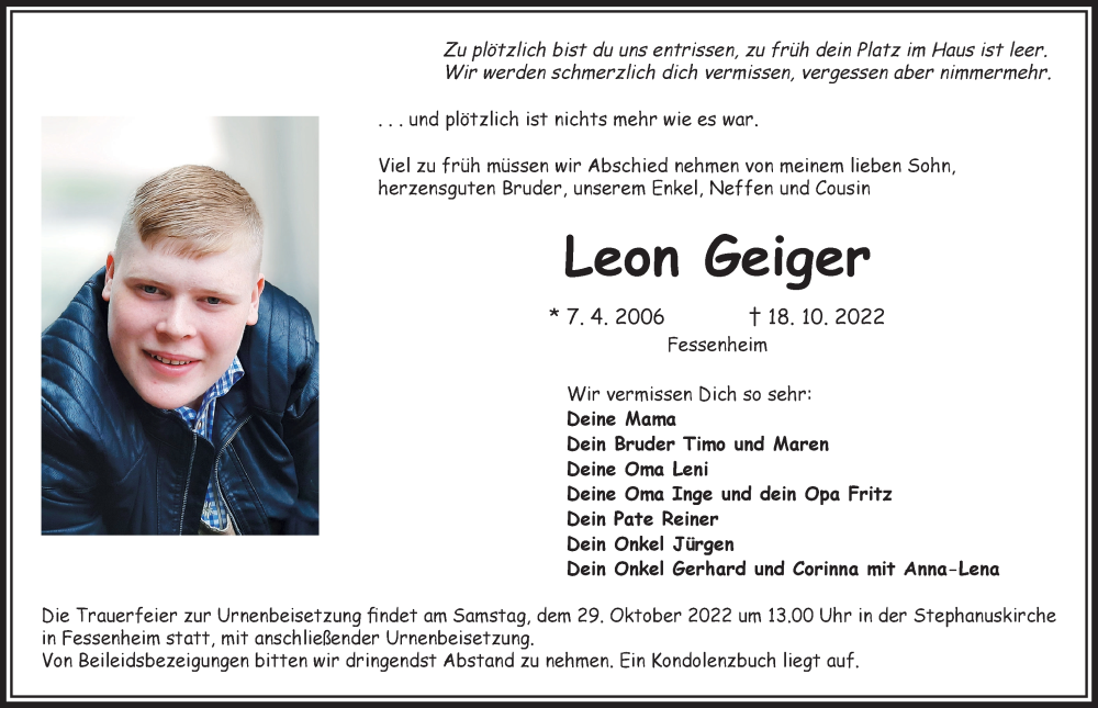 Traueranzeigen Von Leon Geiger Augsburger Allgemeine Zeitung