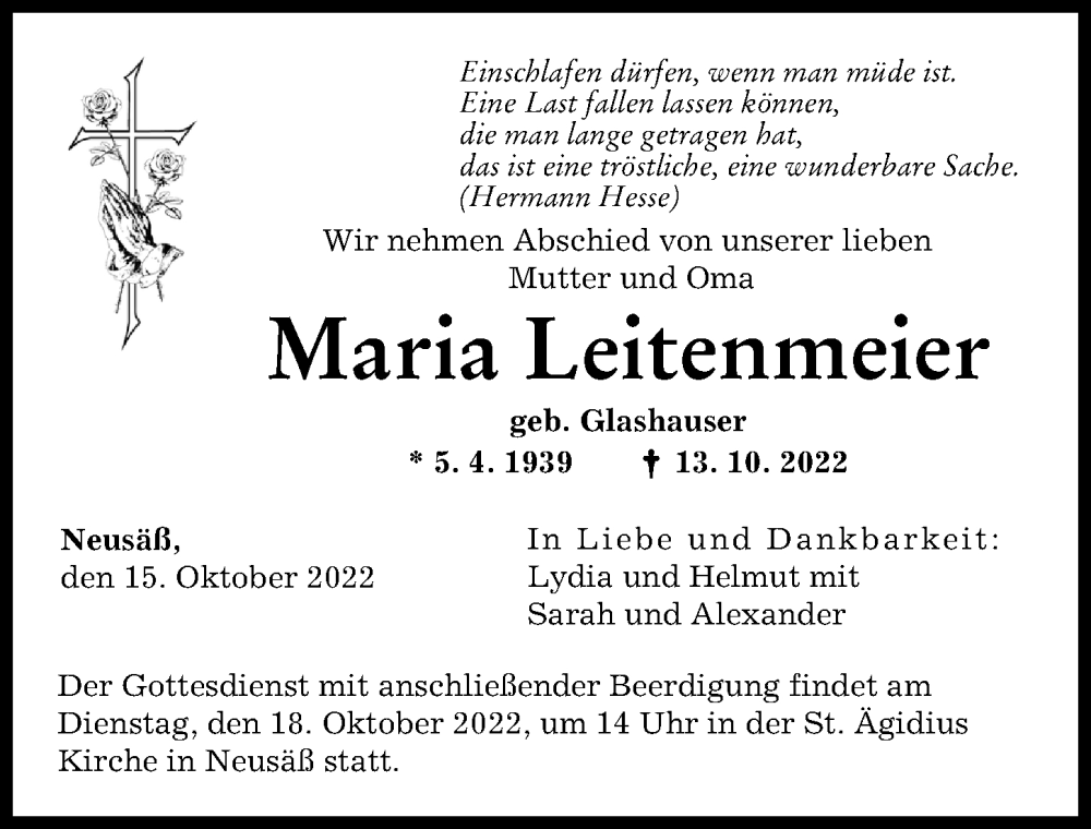 Traueranzeigen Von Maria Leitenmeier Augsburger Allgemeine Zeitung