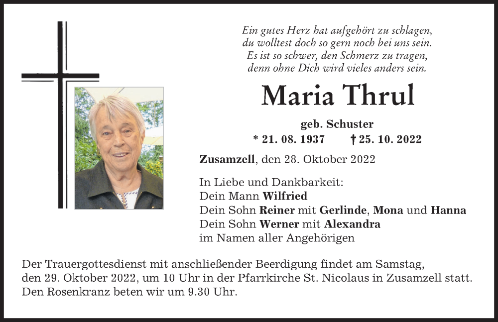 Traueranzeigen Von Maria Thrul Augsburger Allgemeine Zeitung