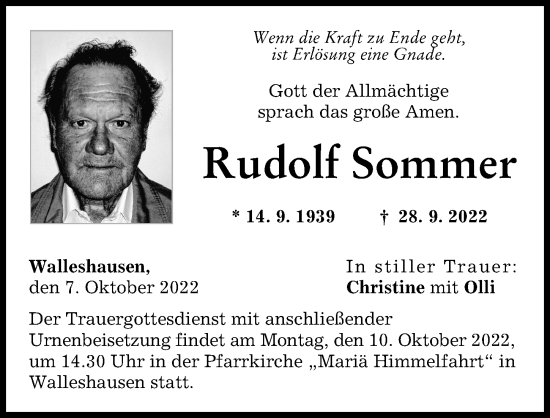 Traueranzeigen Von Rudolf Sommer Augsburger Allgemeine Zeitung