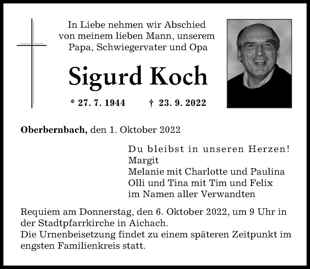 Traueranzeigen Von Sigurd Koch Augsburger Allgemeine Zeitung