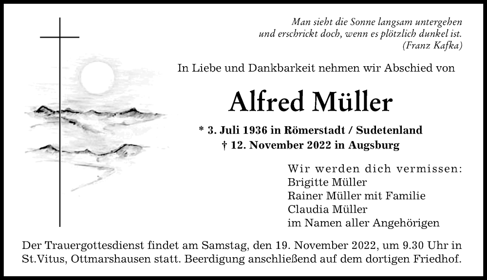 Traueranzeigen Von Alfred M Ller Augsburger Allgemeine Zeitung