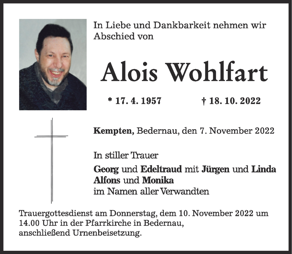 Traueranzeigen Von Alois Wohlfart Augsburger Allgemeine Zeitung