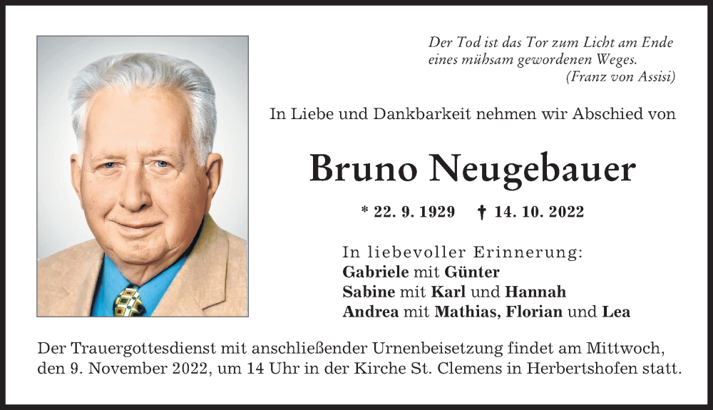 Traueranzeigen Von Bruno Neugebauer Augsburger Allgemeine Zeitung