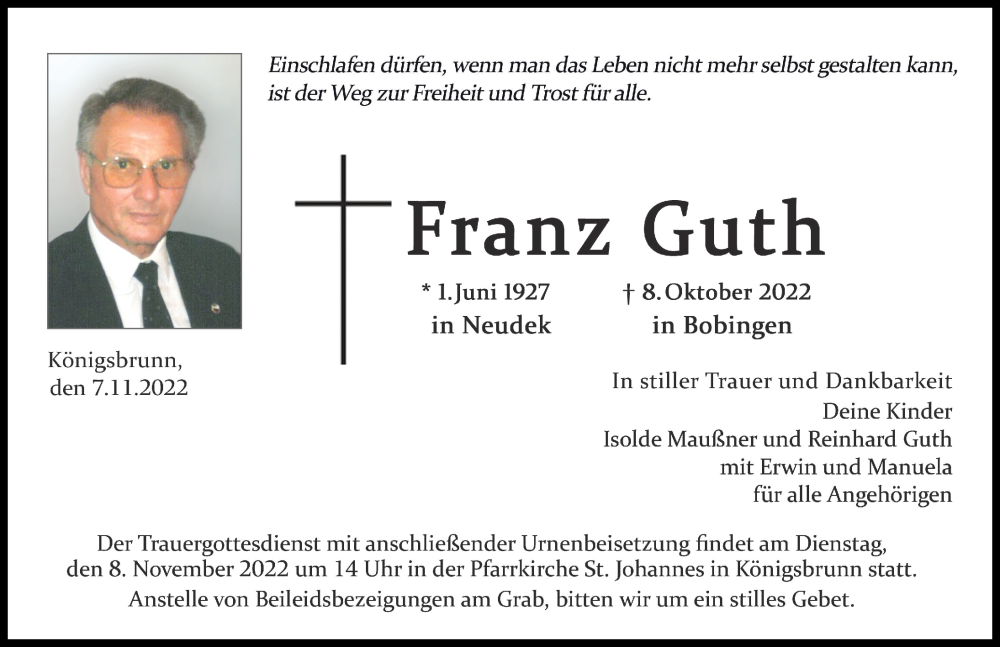 Traueranzeigen Von Franz Guth Augsburger Allgemeine Zeitung