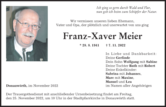 Traueranzeigen Von Franz Xaver Meier Augsburger Allgemeine Zeitung