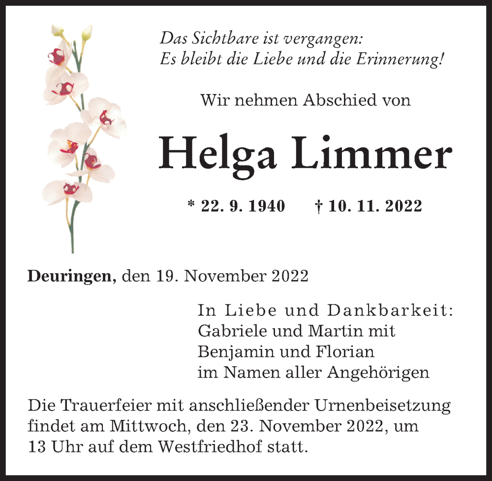 Traueranzeigen Von Helga Limmer Augsburger Allgemeine Zeitung