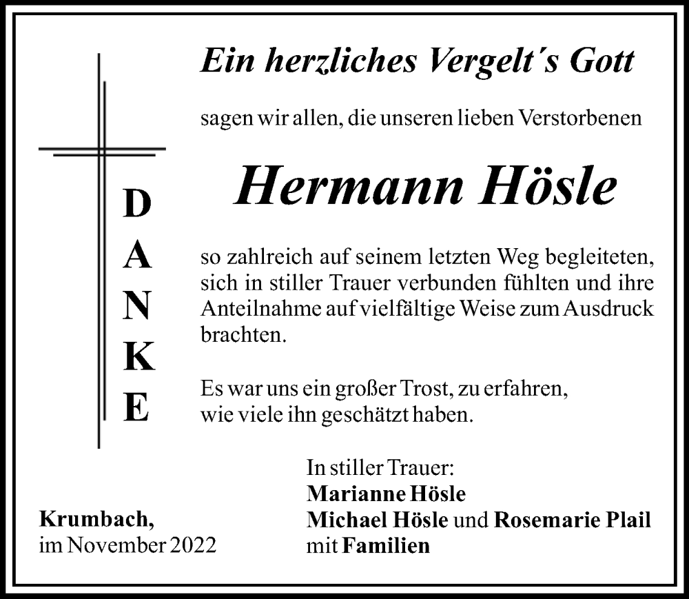 Traueranzeigen von Hermann Hösle Augsburger Allgemeine Zeitung