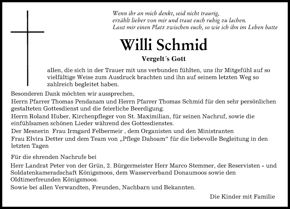 Traueranzeigen Von Willi Schmid Augsburger Allgemeine Zeitung