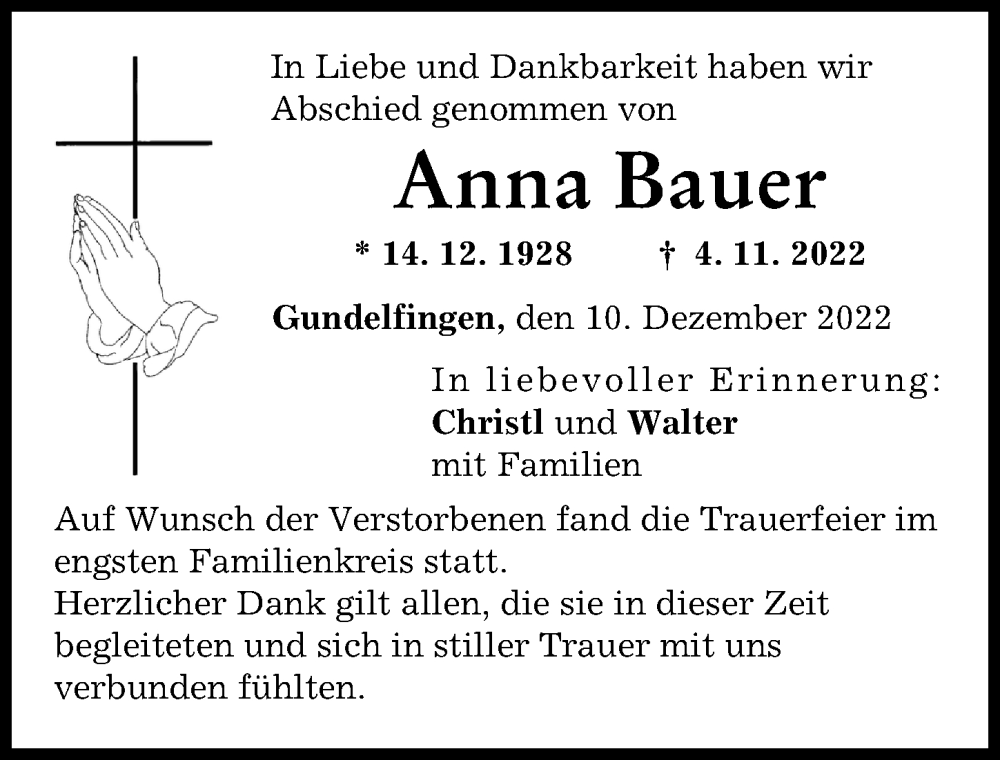 Traueranzeigen Von Anna Bauer Augsburger Allgemeine Zeitung