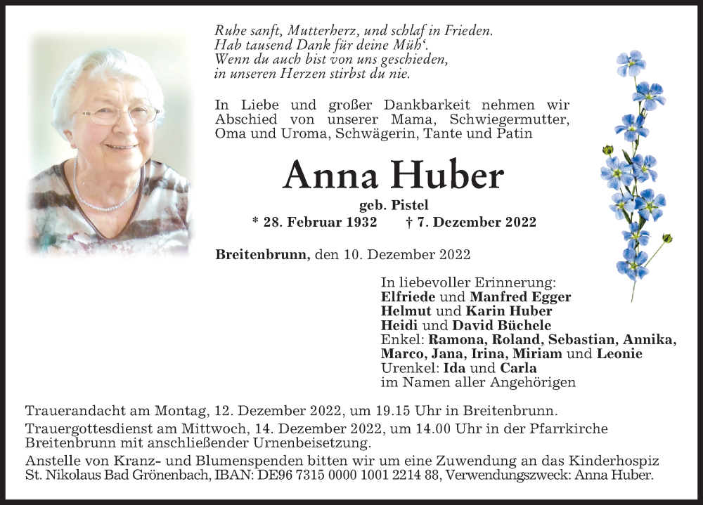 Traueranzeigen Von Anna Huber Augsburger Allgemeine Zeitung