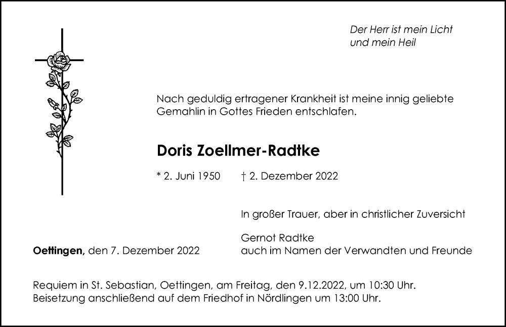 Traueranzeigen Von Doris Zoellmer Radtke Augsburger Allgemeine Zeitung