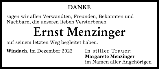 Traueranzeigen Von Ernst Menzinger Augsburger Allgemeine Zeitung