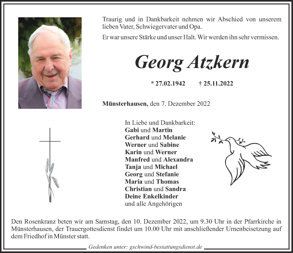 Traueranzeigen Von Georg Atzkern Augsburger Allgemeine Zeitung