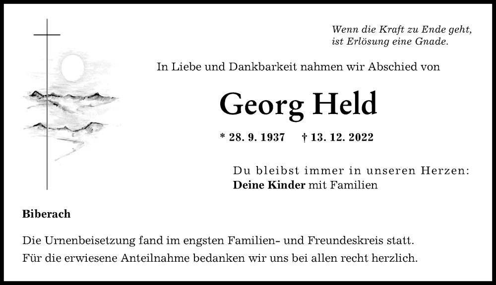 Traueranzeigen Von Georg Held Augsburger Allgemeine Zeitung