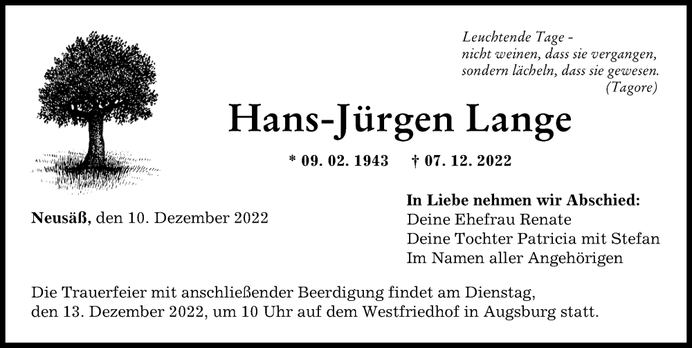 Traueranzeigen von Hans Jürgen Lange Augsburger Allgemeine Zeitung