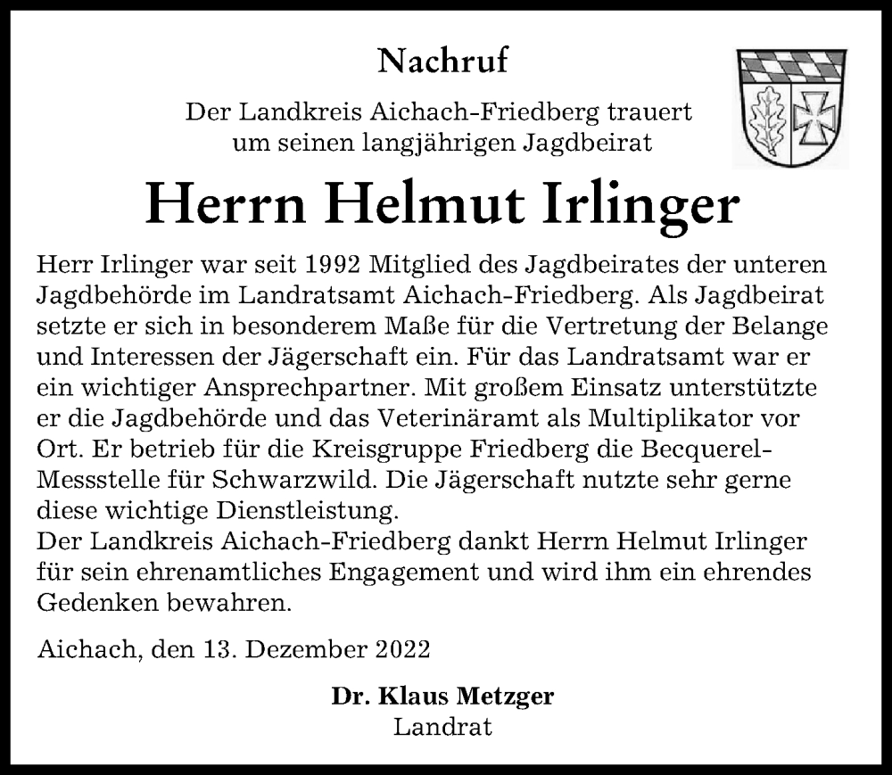 Traueranzeigen Von Helmut Irlinger Augsburger Allgemeine Zeitung