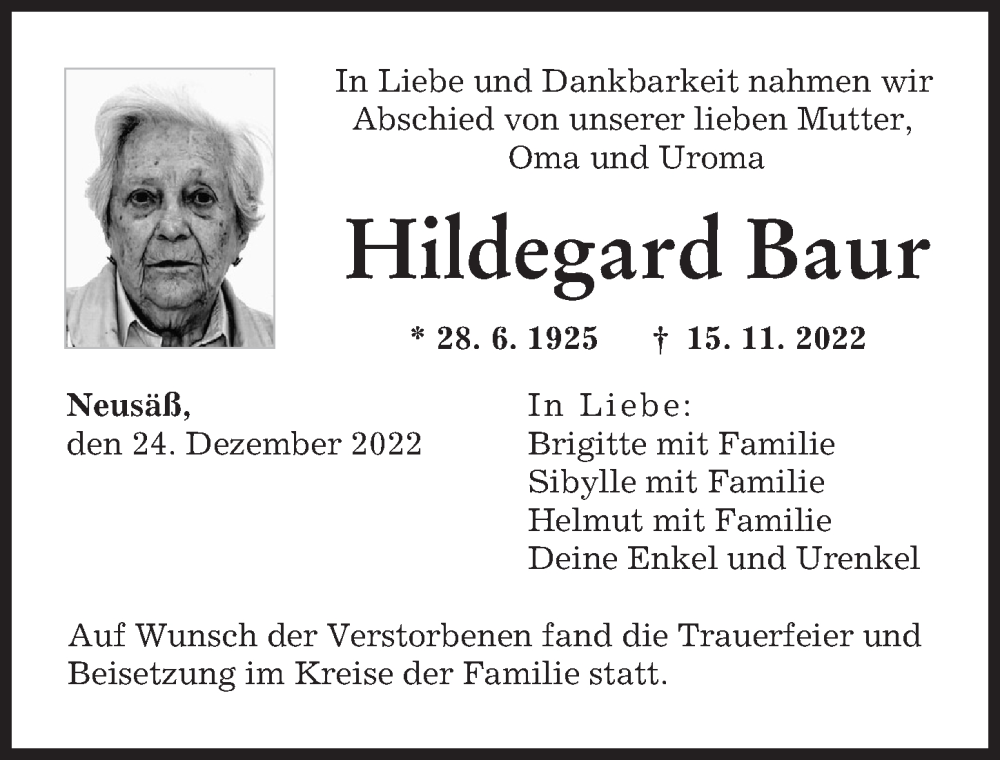 Traueranzeigen Von Hildegard Baur Augsburger Allgemeine Zeitung