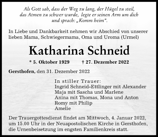 Traueranzeigen Von Katharina Schneid Augsburger Allgemeine Zeitung