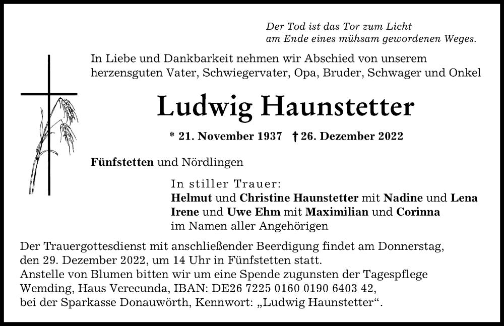 Traueranzeigen Von Ludwig Haunstetter Augsburger Allgemeine Zeitung