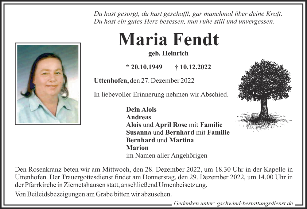 Traueranzeigen Von Maria Fendt Augsburger Allgemeine Zeitung