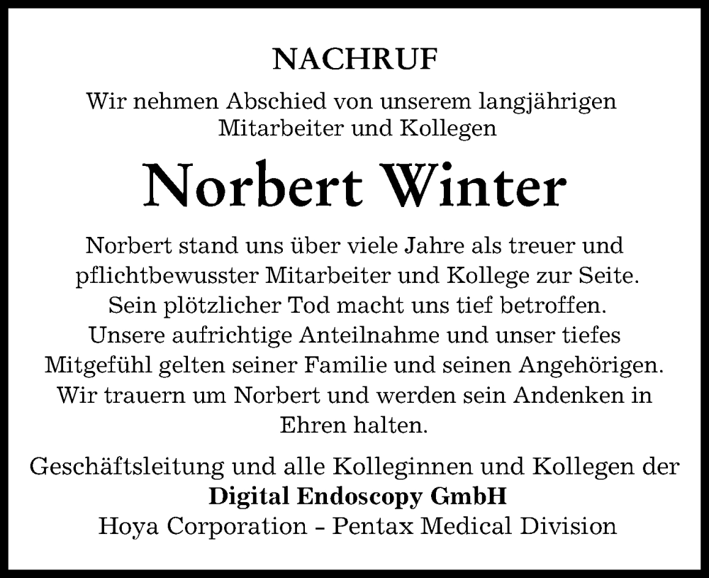 Traueranzeigen Von Norbert Winter Augsburger Allgemeine Zeitung