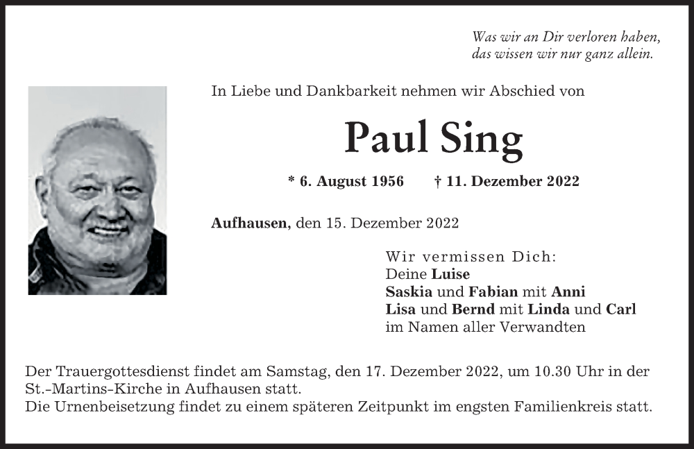 Traueranzeigen Von Paul Sing Augsburger Allgemeine Zeitung