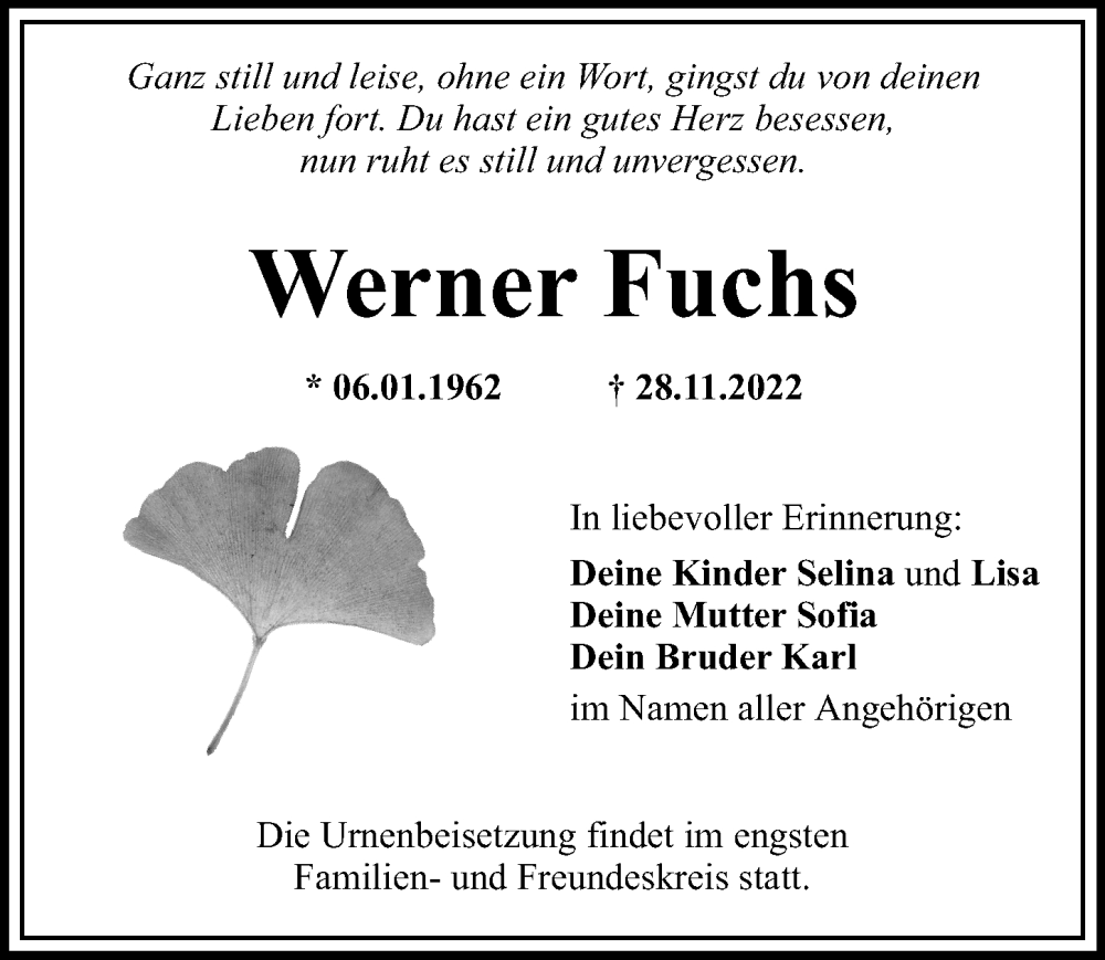 Traueranzeigen Von Werner Fuchs Augsburger Allgemeine Zeitung