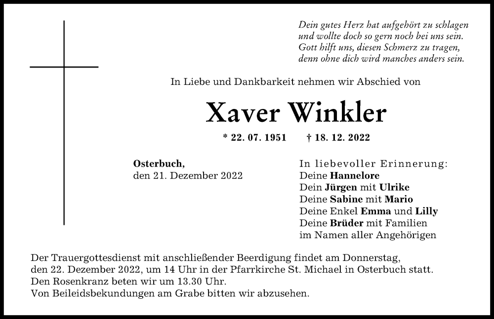 Traueranzeigen Von Xaver Winkler Augsburger Allgemeine Zeitung