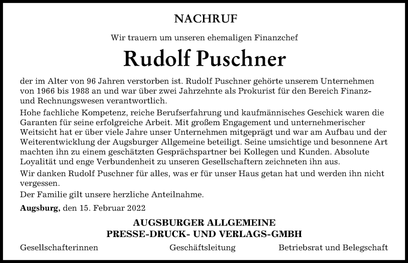 Traueranzeigen Von Rudolf Puschner Augsburger Allgemeine Zeitung