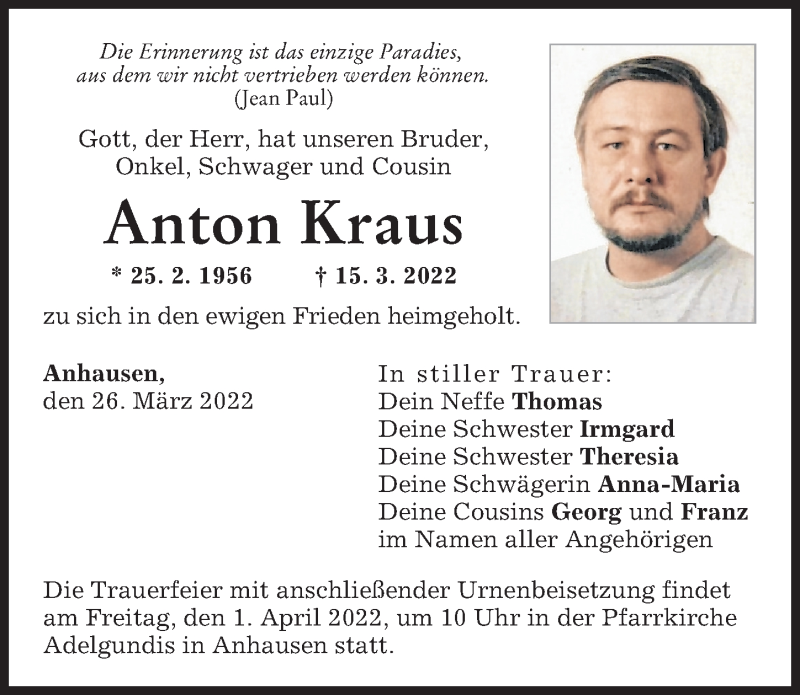 Traueranzeigen Von Anton Kraus Augsburger Allgemeine Zeitung