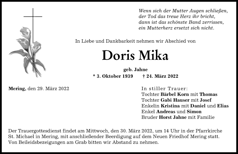 Traueranzeigen Von Doris Mika Augsburger Allgemeine Zeitung