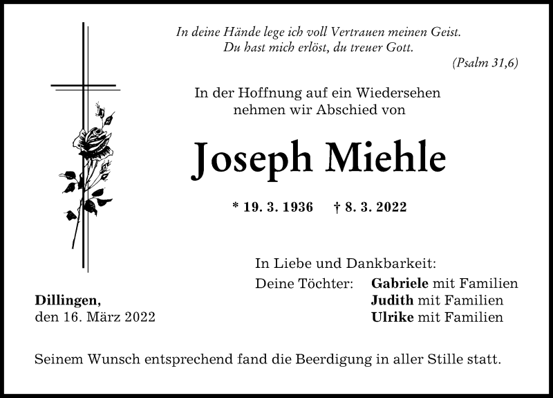 Traueranzeigen Von Joseph Miehle Augsburger Allgemeine Zeitung