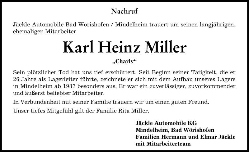 Traueranzeigen Von Karl Heinz Miller Augsburger Allgemeine Zeitung