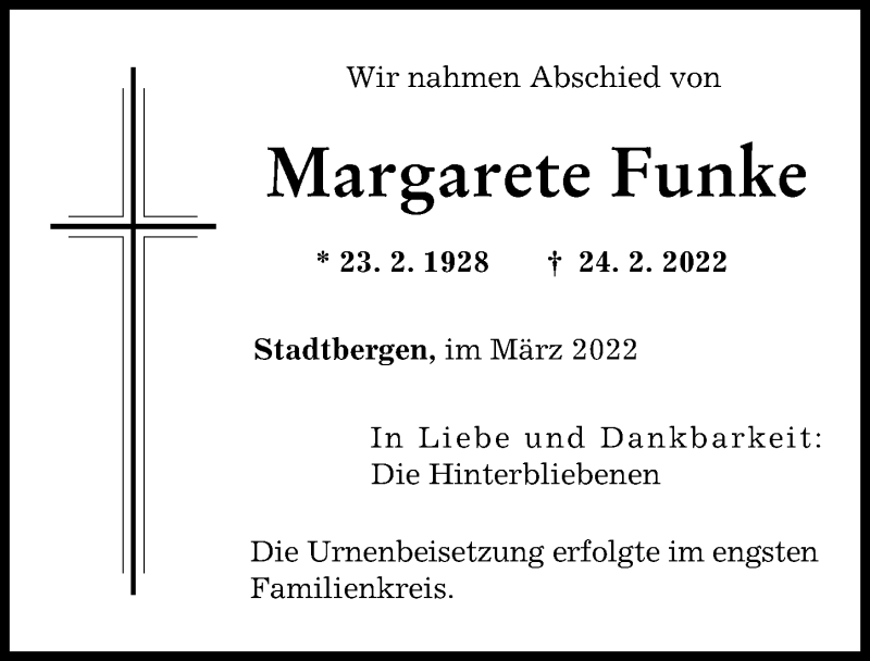 Traueranzeigen Von Margarete Funke Augsburger Allgemeine Zeitung