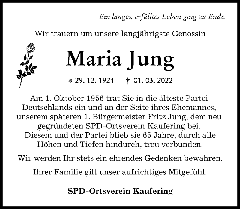 Traueranzeigen Von Maria Jung Augsburger Allgemeine Zeitung