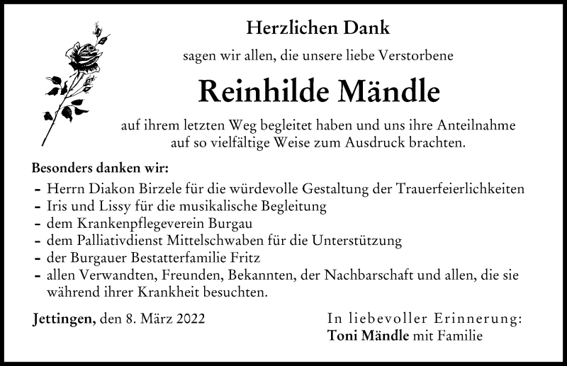 Traueranzeigen von Reinhilde Mändle Augsburger Allgemeine Zeitung