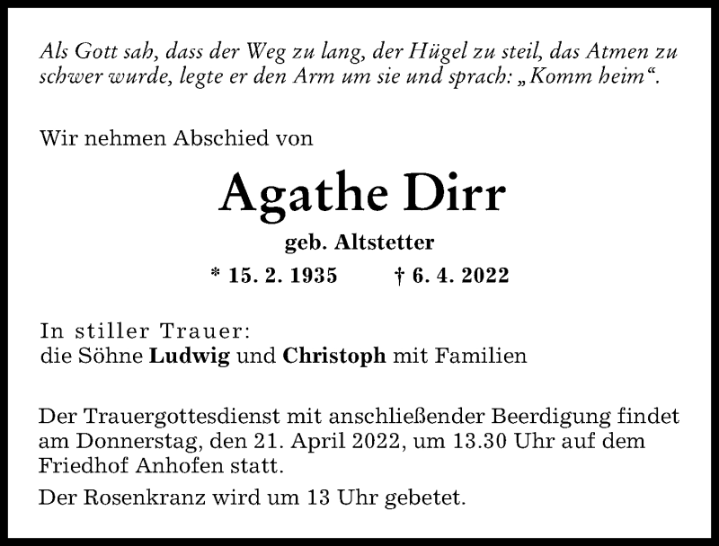 Traueranzeigen Von Agathe Dirr Augsburger Allgemeine Zeitung