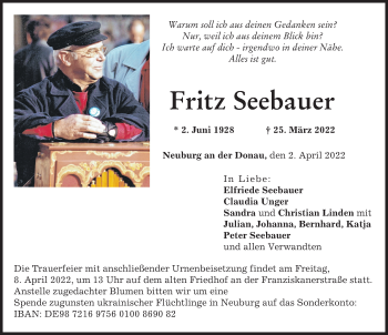 Traueranzeigen Von Fritz Seebauer Augsburger Allgemeine Zeitung