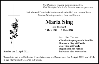 Traueranzeigen Von Maria Sing Augsburger Allgemeine Zeitung