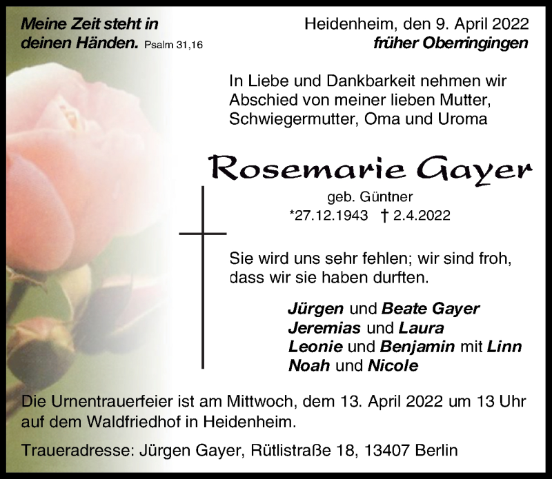 Traueranzeigen Von Rosemarie Gayer Augsburger Allgemeine Zeitung