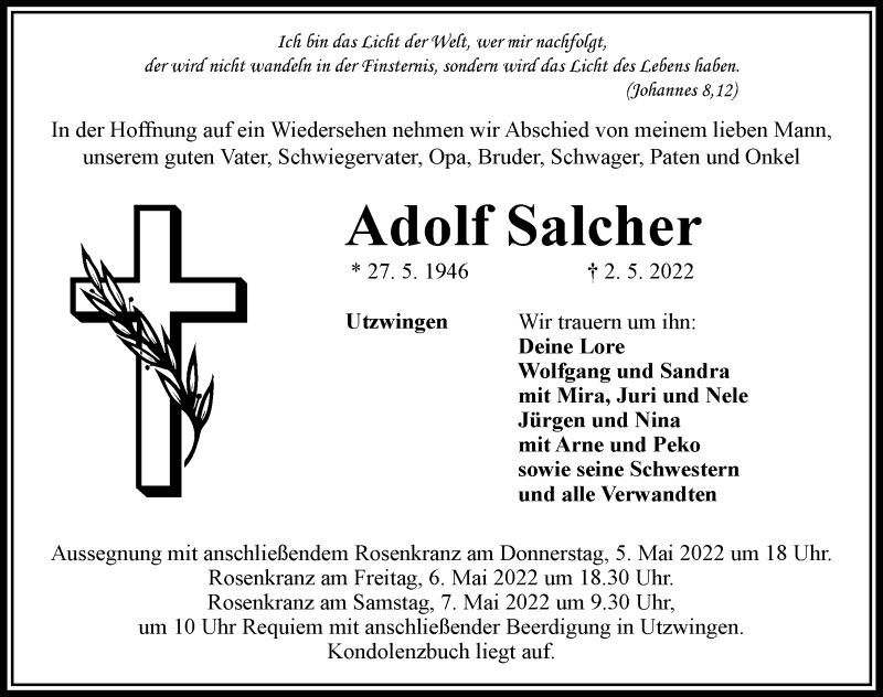 Traueranzeige von Adolf Salcher von Rieser Nachrichten