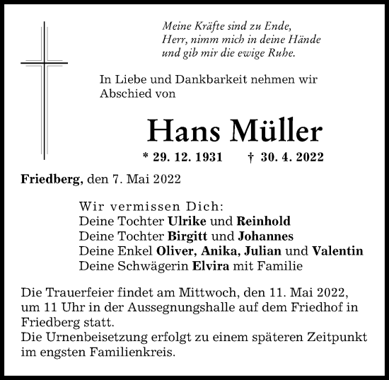 Traueranzeigen Von Hans M Ller Augsburger Allgemeine Zeitung