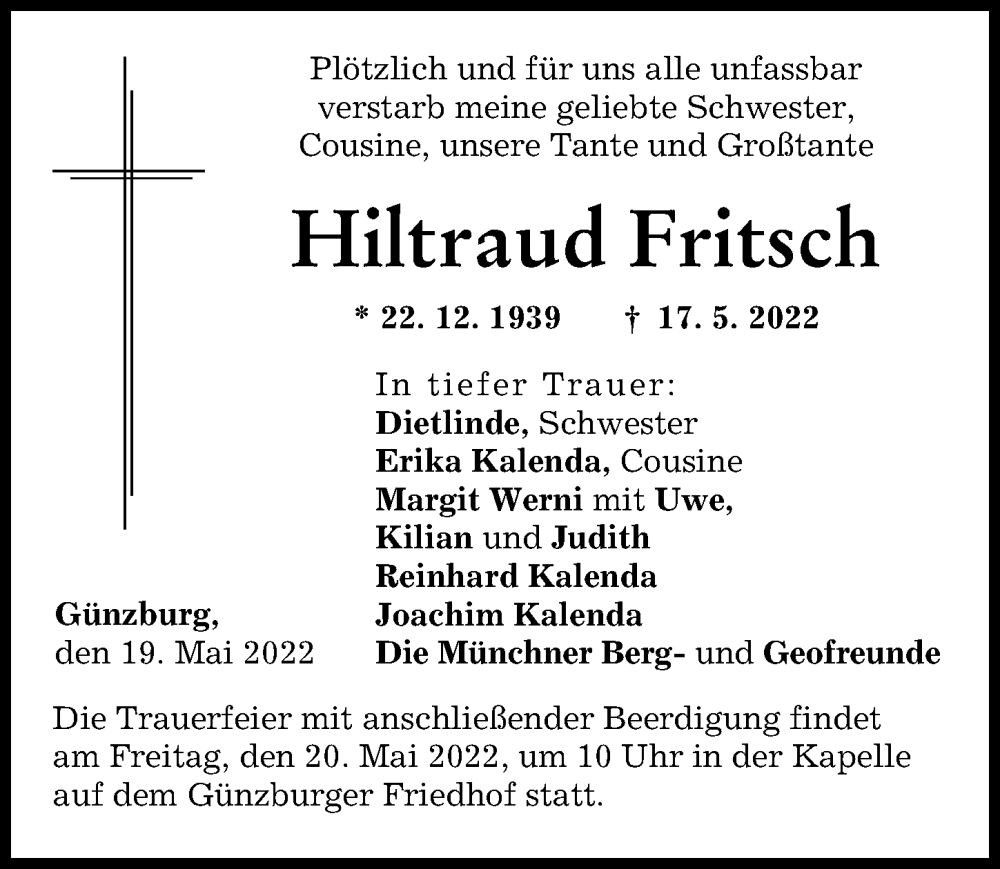 Traueranzeige von Hiltraud Fritsch von Günzburger Zeitung