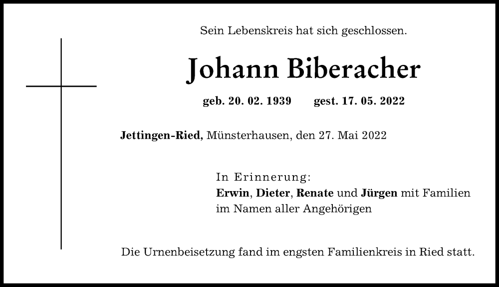 Traueranzeige von Johann Biberacher von Günzburger Zeitung