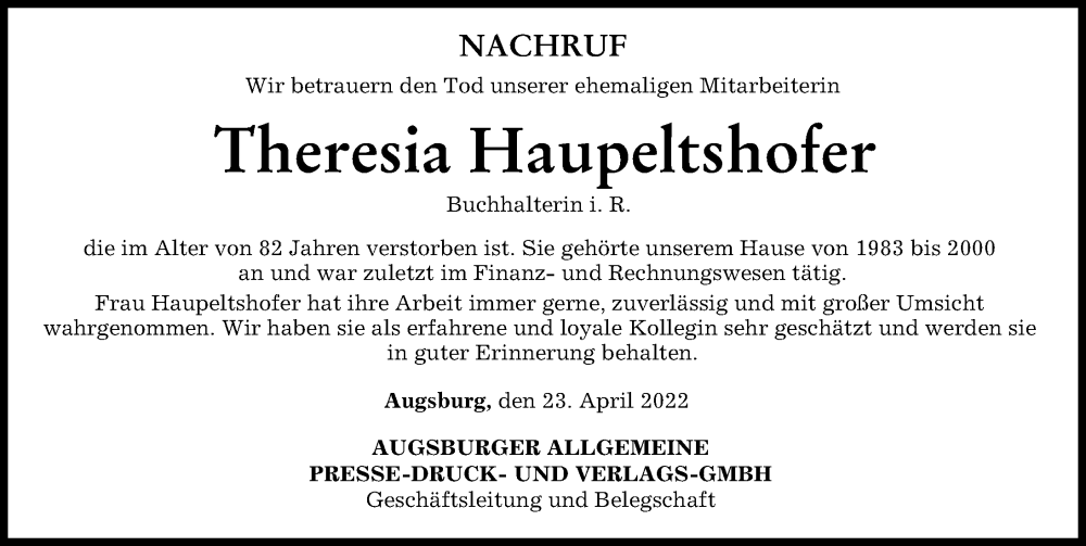 Traueranzeigen Von Theresia Haupeltshofer Augsburger Allgemeine Zeitung