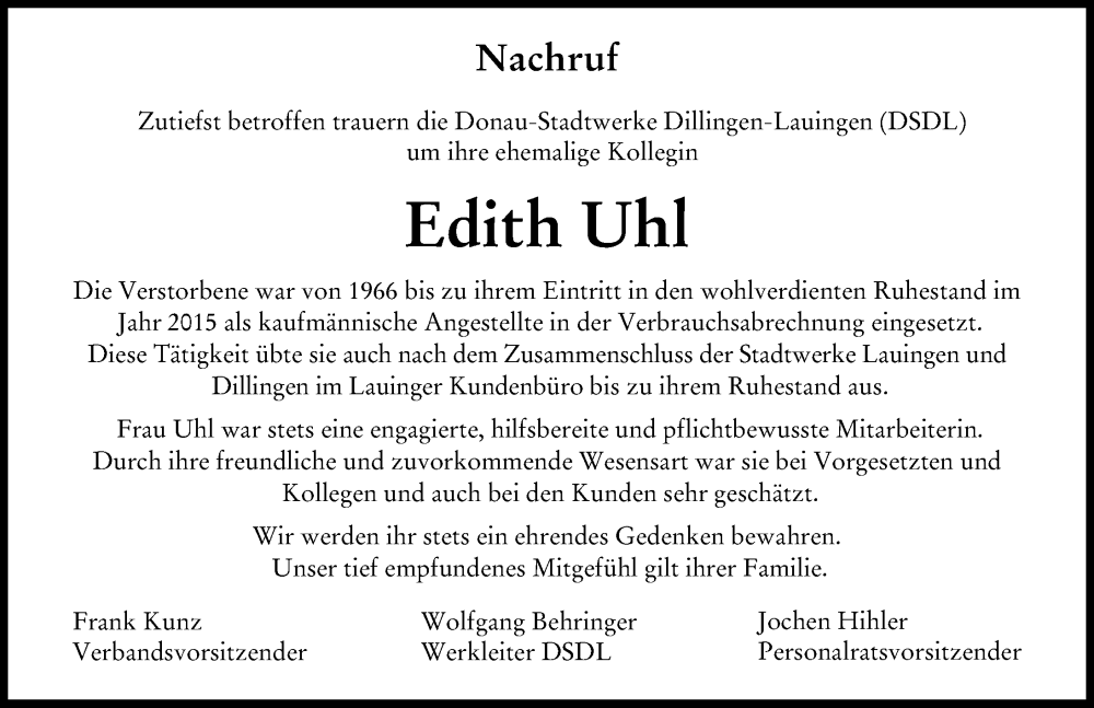 Traueranzeigen Von Edith Uhl Augsburger Allgemeine Zeitung