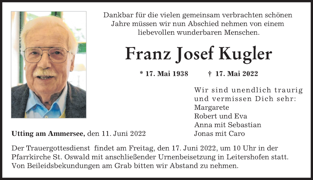 Traueranzeige von Franz Josef Kugler von Landsberger Tagblatt, Augsburger Allgemeine