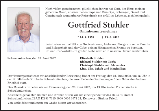 Traueranzeigen Von Gottfried Stuhler Augsburger Allgemeine Zeitung